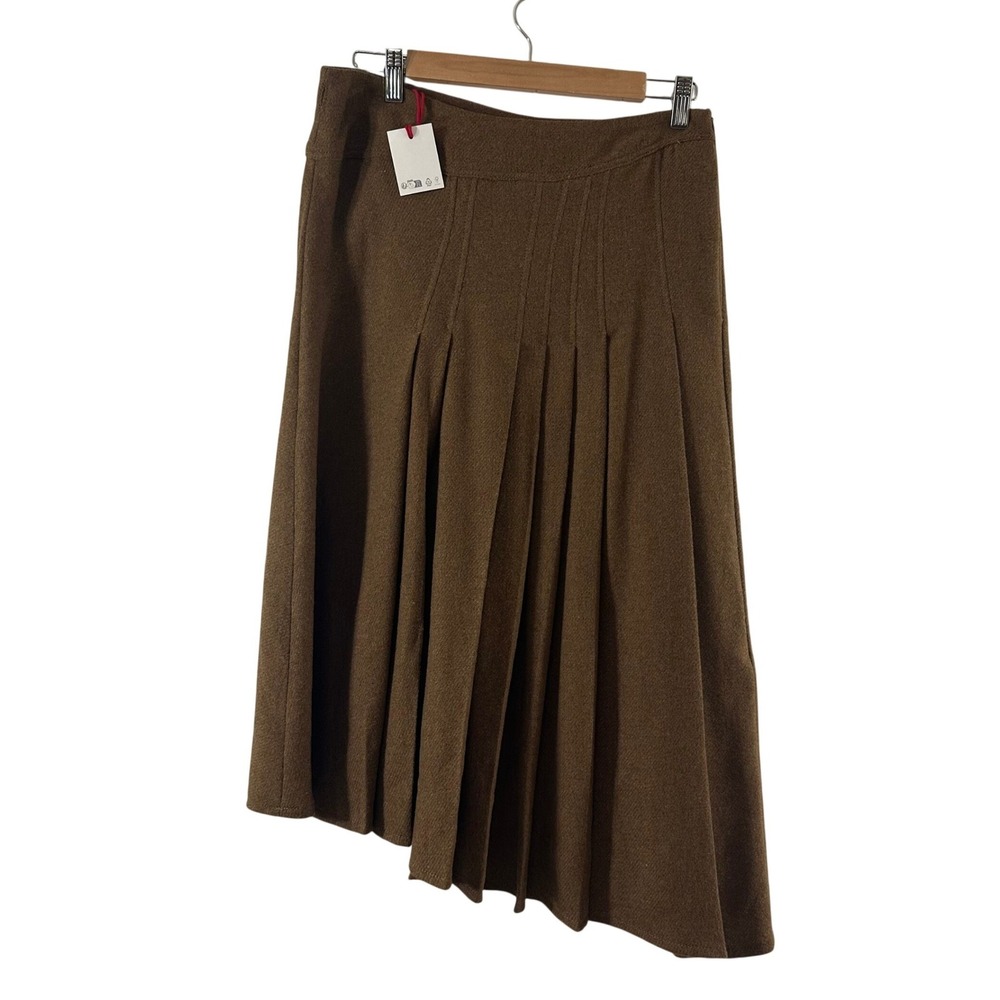 Zara SRPLS Brown Pleated Asymmetrical Midi Skirt Wool Blend Size Small New